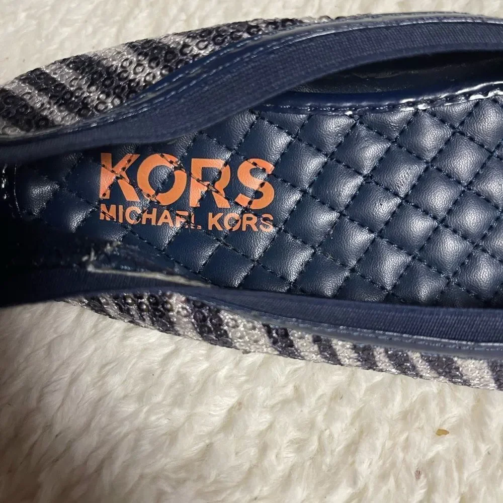 Michael Kors Kids' Striped Navy and Silver Slippers SZ4